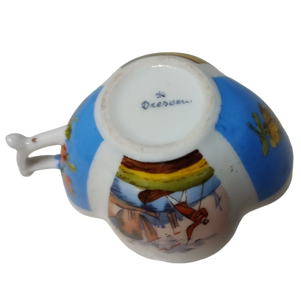 Antique Dresden Demitasse Cup Hand Painted Blue Water Scene‎ Floral Quarterfoil